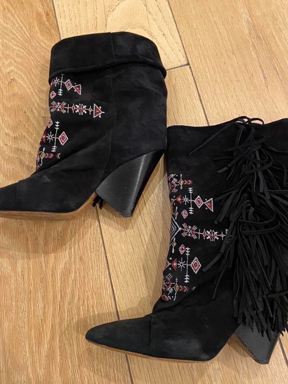 Black Embroidered Suede Fringe Ankle Boots - Women